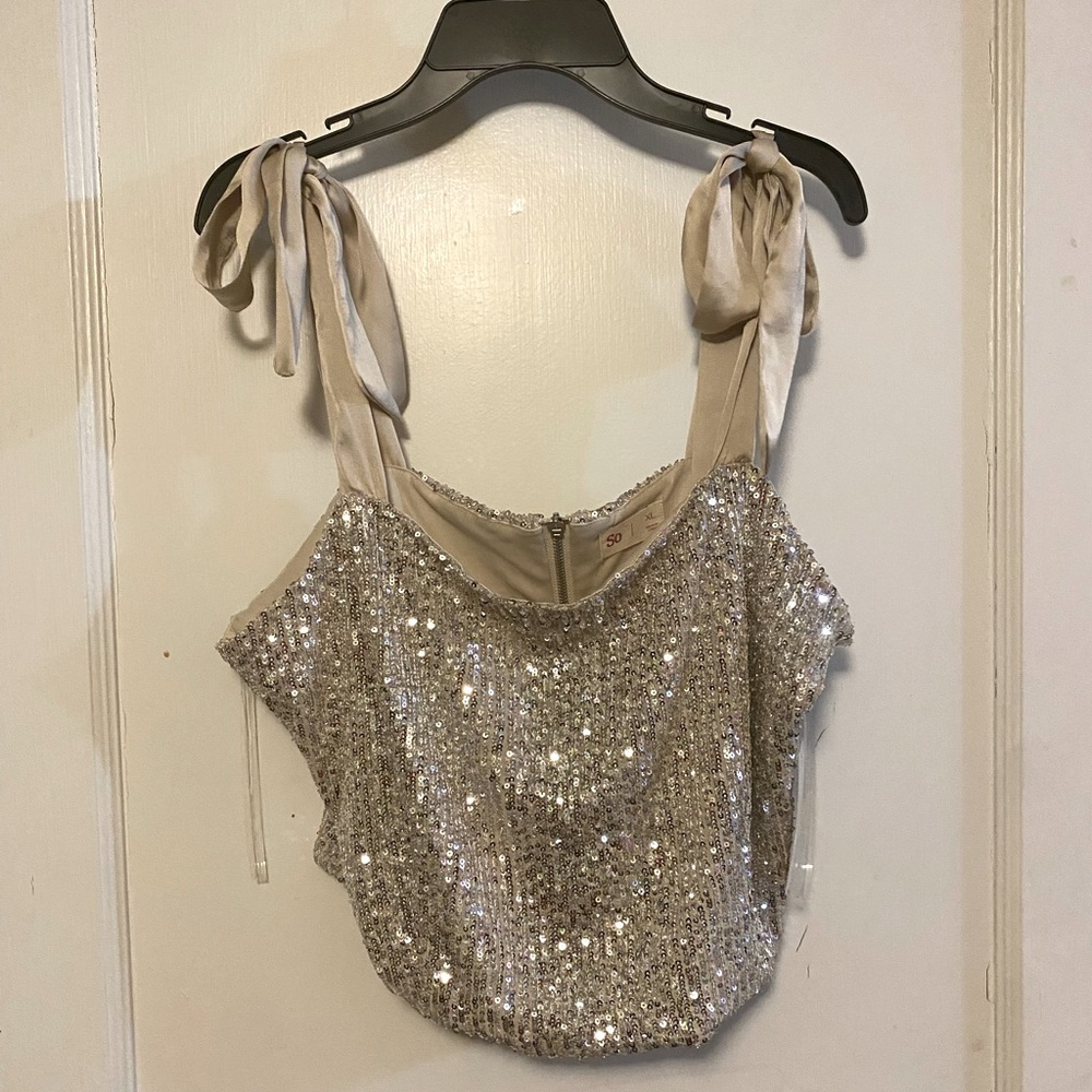 ***NEW So Sequined Crop Top w/ Ribbon Sleeves NEW***